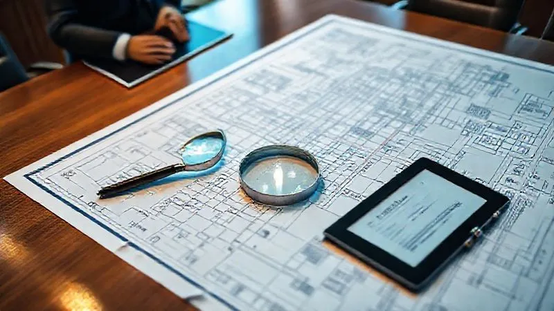 A detailed blueprint of a ship's security plan laid out on a large conference table, with a magnifying glass resting on key sections, alongside a pen and a tablet displaying security protocols. Photorealistic, professional photography, 8K, cinematic lighting, sharp focus, depth of field.