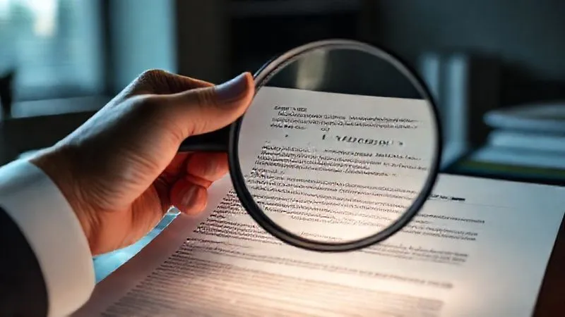 A hand holding a magnifying glass over a complex maritime insurance policy document, highlighting specific clauses related to security compliance and exclusions. The background shows a dimly lit, professional office environment. Photorealistic, professional photography, 8K, cinematic lighting, sharp focus on the document, depth of field.