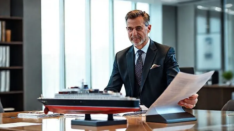 A professional maritime lawyer, dressed in a sharp suit, in a modern, well-lit office, reviewing documents related to vessel security and compliance. On the desk, there is a detailed model of a cargo ship. The lawyer has a focused and reassuring expression. Photorealistic, professional photography, 8K, cinematic lighting, sharp focus, depth of field.