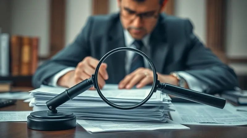 A photorealistic, professional photography image of a focused criminal defense attorney reviewing a stack of complex legal documents and evidence files on a desk, with a magnifying glass over a detail, cinematic lighting, sharp focus, depth of field blurring a courthouse background. 8K hyper-detailed, shot on a high-end DSLR, conveying meticulous investigation and strategic thinking.