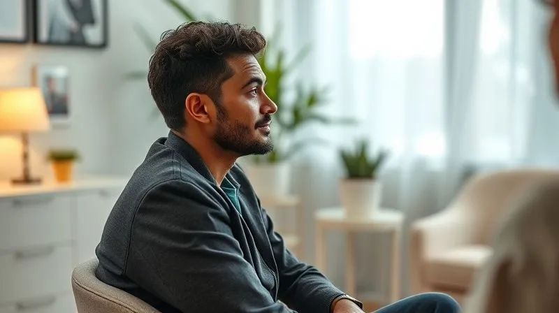 A photorealistic, professional photography image of a person sitting in a therapist's office, looking thoughtful and engaged in conversation. The lighting is soft and empathetic, conveying a sense of healing and introspection. Sharp focus on the individual, depth of field blurring the background of a professional, comforting environment. 8K hyper-detailed, shot on a high-end DSLR, symbolizing seeking help and rehabilitation.