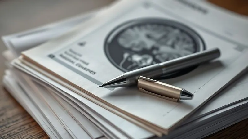 A close-up, photorealistic image of a stack of medical records and a brain MRI scan, with a pen resting on top, all bathed in soft, professional light. The documents are slightly worn, conveying a history of care. Professional photography, 8K, cinematic lighting, sharp focus, depth of field, shot on a high-end DSLR.