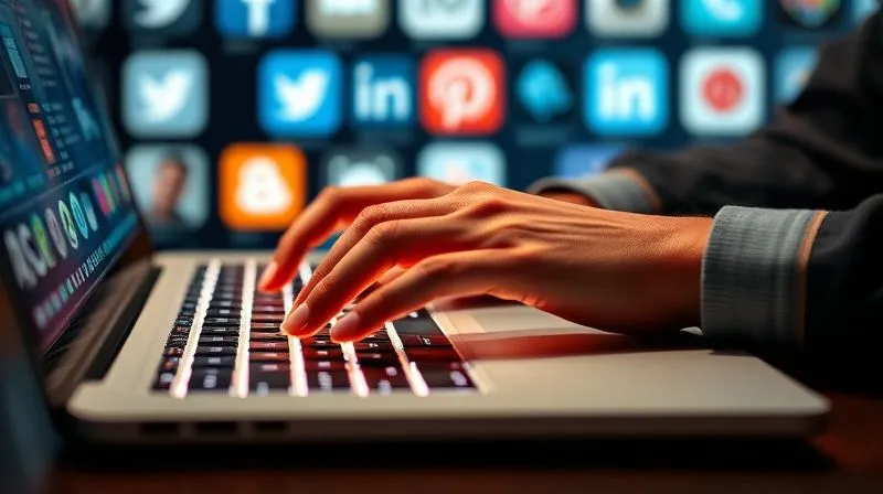 photorealistic, professional photography, 8K, cinematic lighting, sharp focus, depth of field, shot on a high-end DSLR, a person's hands typing rapidly on a glowing laptop keyboard, with a blurred background showing multiple social media logos, symbolizing the intersection of digital communication and professional duties, a sense of urgency and responsibility, emotionally resonant.