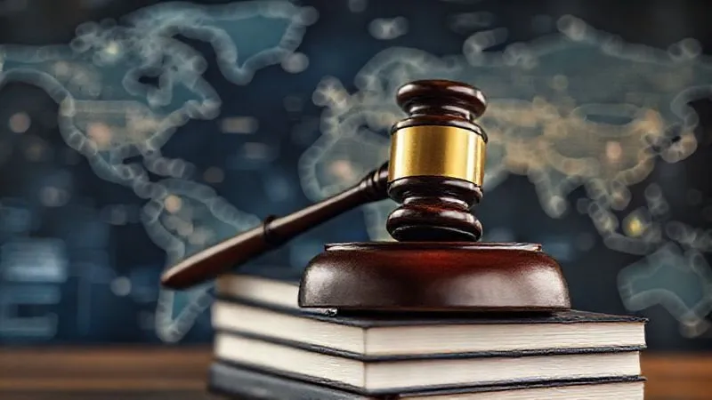A photorealistic close-up of a gavel resting on a stack of international legal texts, with a blurred backdrop of a global map and subtle lines of interconnectedness, symbolizing cross-border legal challenges and solutions. Cinematic lighting, 8K hyper-detailed, sharp focus on the gavel. Shot on a high-end DSLR.