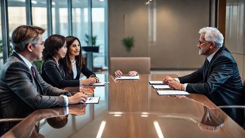 A photorealistic image of a professional, diverse group of individuals (lawyer, client, trustee) seated around a conference table in a modern, well-lit office, engaged in a serious discussion. The client appears calm and prepared. Cinematic lighting, sharp focus on the group, depth of field blurring the background, 8K hyper-detailed, professional photography, shot on a high-end DSLR.