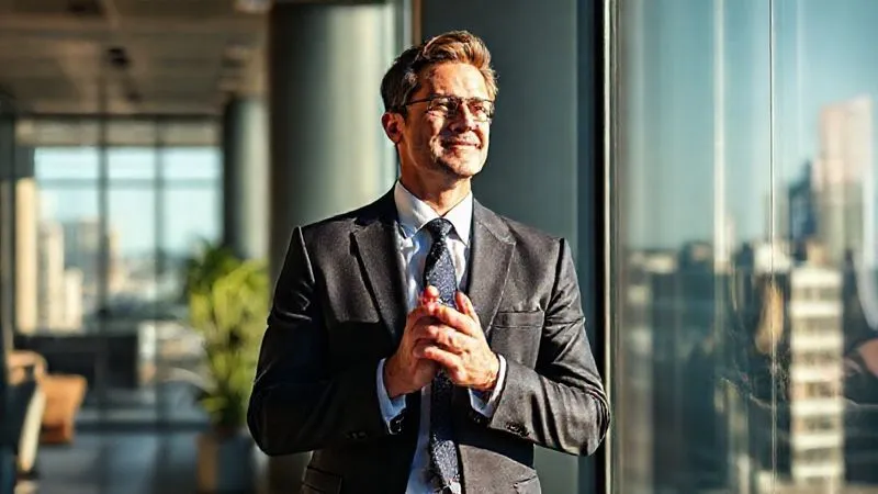 A photorealistic image of a sophisticated gentleman, well-dressed, standing confidently in a modern, sunlit office, looking out a window with a sense of relief and optimism. His hands are clasped, suggesting a thoughtful and successful outcome. Cinematic lighting, sharp focus on the man, depth of field blurring the city background, 8K hyper-detailed, professional photography, shot on a high-end DSLR.