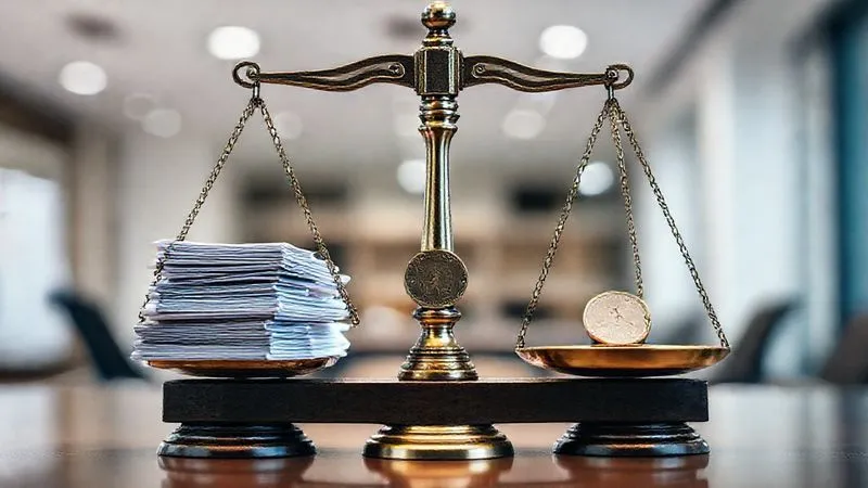 A photorealistic image of a vintage scale of justice, perfectly balanced, with a stack of tax documents on one side and a single, weighty coin on the other, symbolizing a fair resolution or settlement. The background is a soft-focus, professional office environment. 8K, cinematic lighting, sharp focus on the scales, depth of field. Shot on a high-end DSLR.