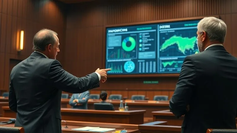 A photorealistic, intense courtroom scene with a sharp-suited lawyer, mid-cross-examination, pointing towards a large digital screen displaying complex environmental data, while an expert witness on the stand looks uncomfortable, cinematic lighting, sharp focus on the lawyer and screen, depth of field. 8K hyper-detailed, professional photography, shot on a high-end DSLR. The atmosphere is tense and focused.
