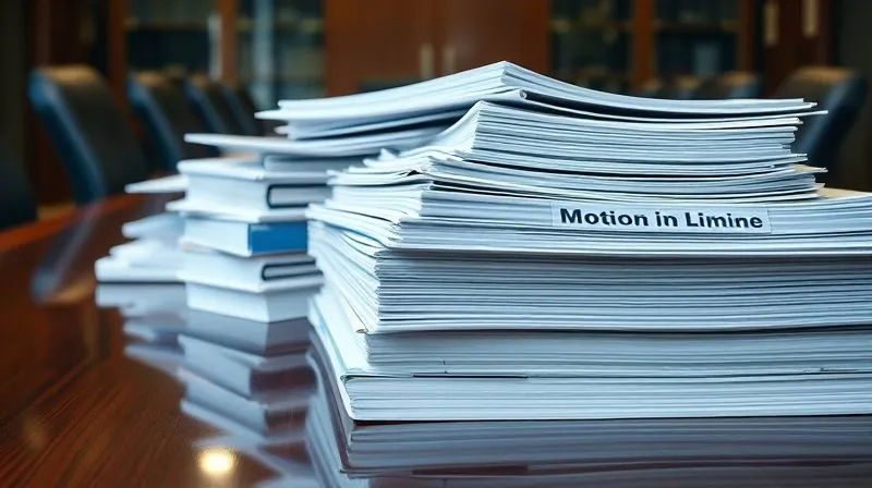 A photorealistic, close-up shot of stacks of meticulously organized legal documents and binders, with a prominent 'Motion in Limine' label visible, on a polished conference table in a law office. The lighting is focused and professional, conveying intense legal preparation. Sharp focus on the documents, depth of field. 8K hyper-detailed, professional photography, shot on a high-end DSLR.