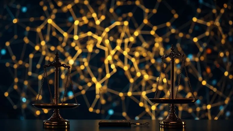 A photorealistic image of a complex, glowing neural network diagram overlaid with faint legal scales, symbolizing the intricate challenge of proving causation in AI bias cases. Cinematic lighting, sharp focus on the scales, depth of field blurring the network, 8K, professional photography, shot on a high-end DSLR.