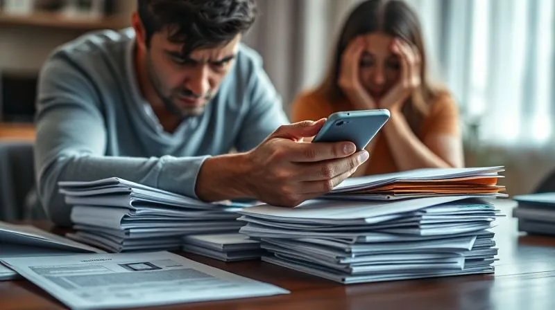 A photorealistic, professional photography, 8K, cinematic lighting, sharp focus, depth of field, shot on a high-end DSLR, of a distressed family member sifting through stacks of medical and financial documents on a table, a phone clutched in their hand, conveying urgency and the heavy burden of responsibility. The background is softly blurred, suggesting a home or office setting.