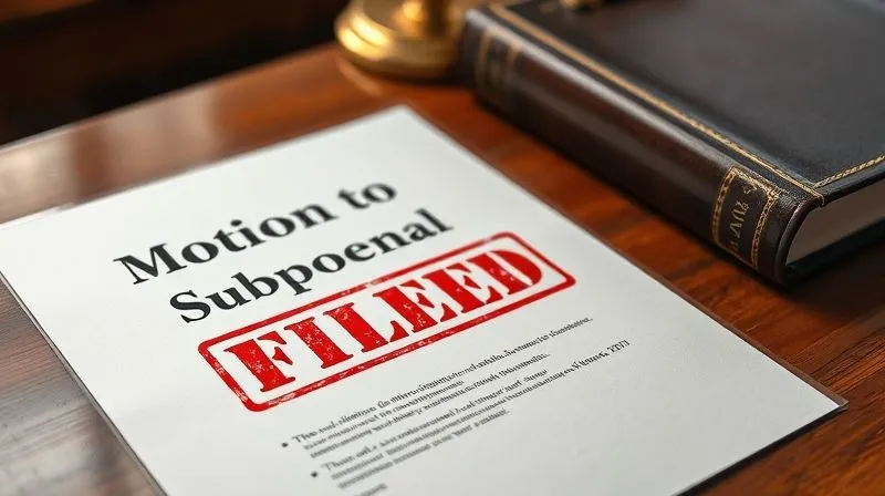 A photorealistic image of a legal document titled 'Motion to Quash Subpoena' with a red 'FILED' stamp, lying on a polished wooden desk next to a leather-bound law book. Cinematic lighting, sharp focus on the document, depth of field blurring the background, 8K hyper-detailed.
