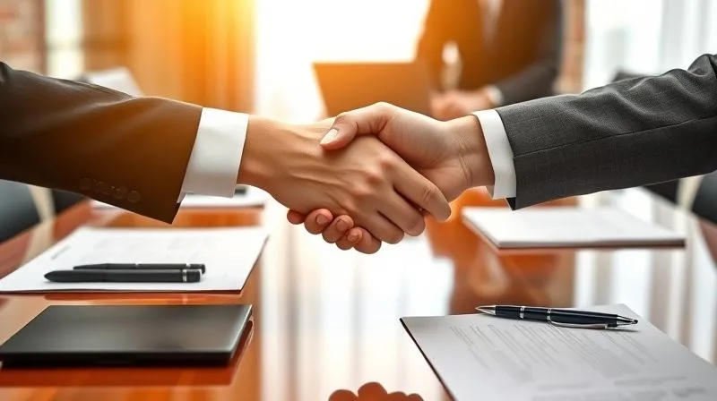 A photorealistic image of two hands shaking firmly across a polished conference table, with legal documents and pens neatly arranged. The setting is a modern, professional law office, conveying successful negotiation and agreement. Cinematic lighting, sharp focus on the handshake, depth of field blurring the background, 8K hyper-detailed.