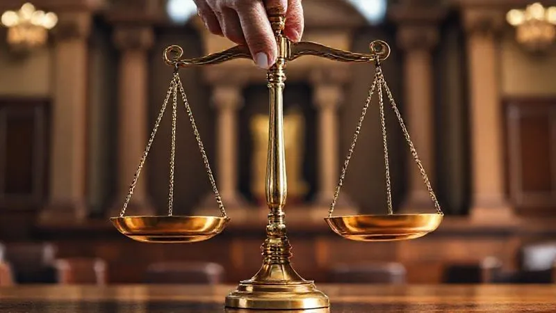 A photorealistic image of a classic judicial scale, perfectly balanced, but with one side representing 'Individual Rights' and the other 'Governmental Interests' being delicately adjusted by a spectral, wise hand. The background is a blurred, stately courtroom, emphasizing the gravitas of decision-making. Professional photography, 8K, cinematic lighting, sharp focus on the scale, depth of field blurring the background, shot on a high-end DSLR. The image conveys the intricate balancing act of judicial philosophy in novel claims.