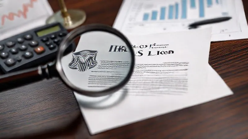 A photorealistic image of a legal document titled 'Notice of Federal Tax Lien' with a prominent IRS logo, partially obscured by a magnifying glass, resting on a dark, polished wooden desk. The background features blurred financial charts and a calculator. Professional photography, 8K, cinematic lighting, sharp focus on the document, depth of field, shot on a high-end DSLR.