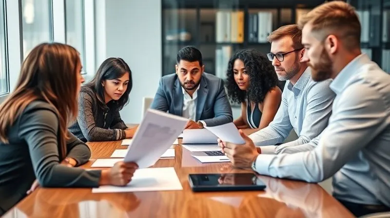 A photorealistic, professional photography, 8K image of a diverse team of professionals, including HR and legal experts, gathered around a conference table. They are deeply engaged in discussion, reviewing documents with a serious, focused expression. Cinematic lighting highlights their faces, conveying collaboration and strategic planning. Sharp focus on the team, depth of field blurring the modern office background, shot on a high-end DSLR.
