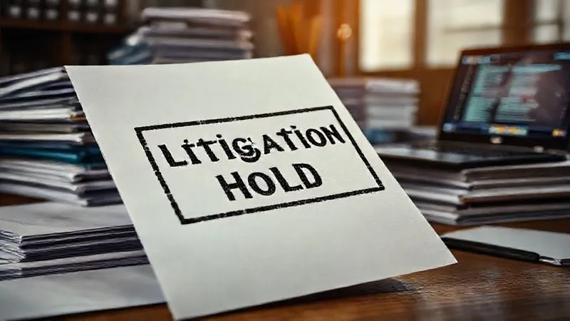 Photorealistic, professional photography, 8K, cinematic lighting, sharp focus, depth of field, shot on a high-end DSLR. A legal document with a 'Litigation Hold' stamp prominently visible, surrounded by stacks of files and a laptop displaying data, conveying the meticulous process of document preservation in a corporate setting.