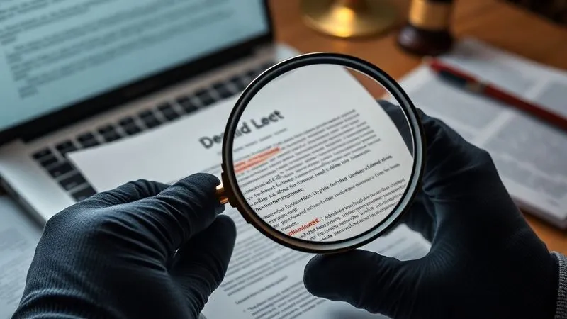 Photorealistic, professional photography, 8K, cinematic lighting, sharp focus, depth of field, shot on a high-end DSLR. A detailed close-up of a legal demand letter being meticulously examined by a gloved hand holding a magnifying glass, with sections highlighted and annotated, set against a backdrop of legal texts and a laptop displaying research.