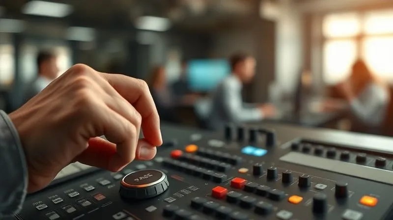 A photorealistic image of a person's hand firmly pressing a 'PAUSE' button on a control panel, with a blurred background of frantic office activity, cinematic lighting, symbolizing immediate halt and control, 8K, professional photography