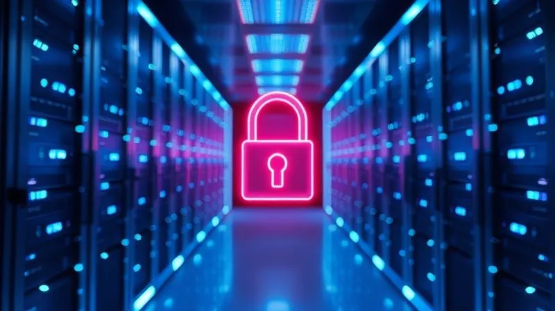 A photorealistic, professional photography, 8K, cinematic lighting, sharp focus, depth of field, shot on a high-end DSLR of a secure, digital server room with glowing blue lights, symbolizing data preservation and security, with a padlock icon subtly integrated into the light patterns.