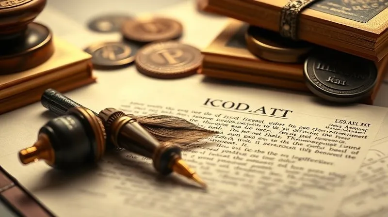 A photorealistic image of a detailed legal document with a heavy, antique quill pen resting on it, surrounded by a stack of official seals and a faint light illuminating the text, symbolizing a final legal agreement and its serious implications, 8K, professional photography