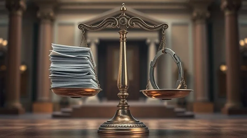 A photorealistic image of a vintage brass scale of justice, perfectly balanced, with a heavy stack of legal documents on one side and a single, gleaming handcuff on the other. The background is a blurred, imposing courthouse interior, with dramatic chiaroscuro lighting emphasizing the weight of the decision. Sharp focus on the scale, depth of field blurring the background, 8K hyper-detailed, professional photography.