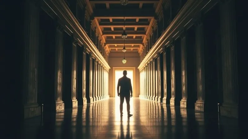 A photorealistic image of a lone figure standing at the end of a long, dimly lit corridor in a federal building, the light at the far end symbolizing hope but also the distance of the journey. The figure is silhouetted, conveying a sense of solitude and the long process ahead, with cinematic lighting and deep shadows. Sharp focus on the figure, depth of field blurring the architectural details, 8K hyper-detailed, professional photography.