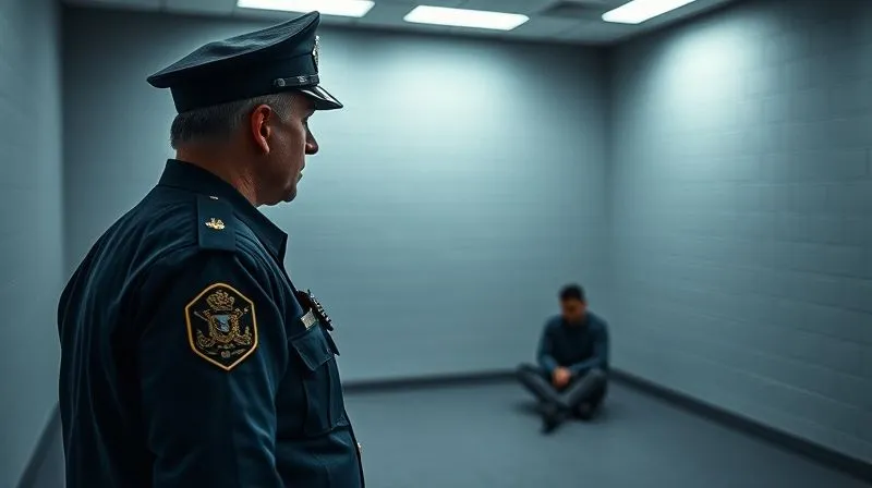photorealistic, professional photography, 8K, cinematic lighting, sharp focus, depth of field, shot on a high-end DSLR, a police officer in uniform observing a lone individual sitting in a stark interrogation room, the officer's expression is neutral but observant, the individual appears pensive and isolated, symbolizing the psychological pressure of police tactics.