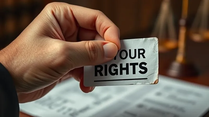 photorealistic, professional photography, 8K, cinematic lighting, sharp focus, depth of field, shot on a high-end DSLR, a close-up of a person's hand firmly gripping a small, worn 'Know Your Rights' card, the fingers slightly tense, implying resolve, with a blurred background suggesting a legal document or courtroom, symbolizing preparation and assertion of legal rights.