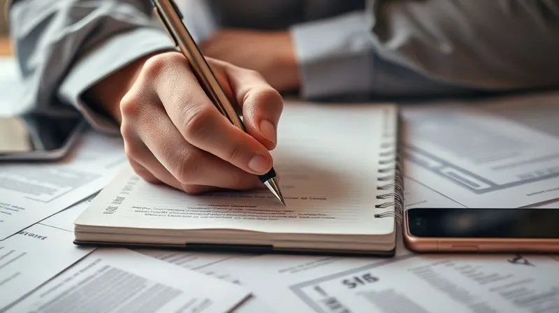 A close-up, photorealistic image of hands meticulously writing notes in a legal pad, with a pen, surrounded by scattered documents and a smartphone. The lighting is focused and sharp, emphasizing the act of detailed documentation. 8K, cinematic lighting, sharp focus, depth of field, shot on a high-end DSLR.