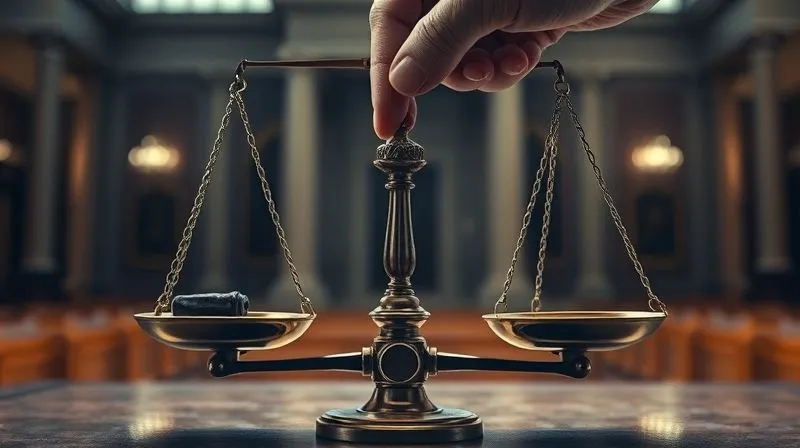 A photorealistic, professional photography, 8K, cinematic lighting, sharp focus, depth of field, shot on a high-end DSLR: A visually striking image of balanced scales of justice, with one side clearly weighed down by a hand subtly dropping a small, heavy, dark object onto it, symbolizing corruption. The background is blurred, depicting a solemn courthouse interior. The lighting is dramatic, highlighting the scales and the act of tampering.