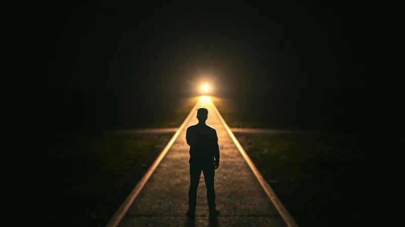 A photorealistic, professional photography, 8K, cinematic lighting, sharp focus, depth of field, shot on a high-end DSLR: A person stands at a crossroads, looking determinedly down one path that is brightly lit, symbolizing hope and a clear direction forward. The other paths are dark and obscured. The focus is on the individual's resolute expression, conveying strength and resilience in a challenging situation.