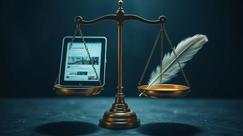 A photorealistic image of a legal scales of justice with one pan heavily weighted with a digital tablet displaying online posts and the other pan with a feather, illustrating the imbalance and difficulty of weighing digital speech. Cinematic lighting, sharp focus, depth of field. Shot on a high-end DSLR, 8K hyper-detailed.