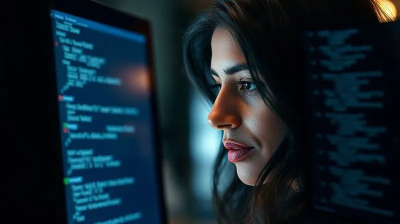 A photorealistic close-up of a skilled software engineer, Dr. Anya Sharma, intensely focused on a complex algorithm on a computer screen, with intricate lines of code visible. She has a thoughtful expression, surrounded by a modern, innovative tech workspace. Cinematic lighting, sharp focus on her face and the screen, depth of field blurring the background, 8K hyper-detailed, professional photography, shot on a high-end DSLR, representing extraordinary ability.