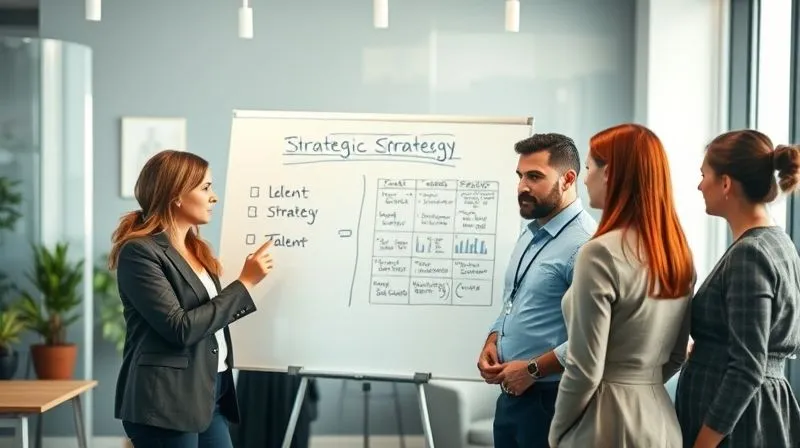 A photorealistic image of a diverse group of professionals in a modern office, collaboratively discussing a strategic plan laid out on a whiteboard. One individual points to a section on 'Long-Term Talent Strategy.' The atmosphere is focused and determined. Cinematic lighting, sharp focus on the team, depth of field blurring the background, 8K hyper-detailed, professional photography, shot on a high-end DSLR, symbolizing strategic planning for talent retention.