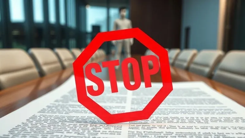A photorealistic image of a complex, multi-layered corporate legal document with sections highlighted in different colors, representing conflicting interests. A single, distinct red 'STOP' sign is overlaid on one section, signifying a blocked decision. Cinematic lighting, sharp focus on the document, depth of field blurring a background of a modern boardroom, 8K hyper-detailed, shot on a high-end DSLR, professional photography.
