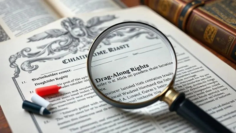 A photorealistic image of a vintage, ornate contract document, heavily highlighted with different colored markers, focusing on specific clauses related to shareholder rights. A magnifying glass is positioned over a section titled 'Drag-Along Rights'. Cinematic lighting, sharp focus on the document, depth of field blurring a background of legal books, 8K hyper-detailed, shot on a high-end DSLR, professional photography.