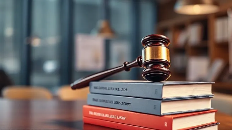 A photorealistic image of a gavel resting on a stack of corporate legal books, with a blurred background of a modern courtroom or law office. The lighting is dramatic and serious, emphasizing the gravity of legal action. Sharp focus on the gavel, depth of field blurring the background, 8K hyper-detailed, shot on a high-end DSLR, professional photography.