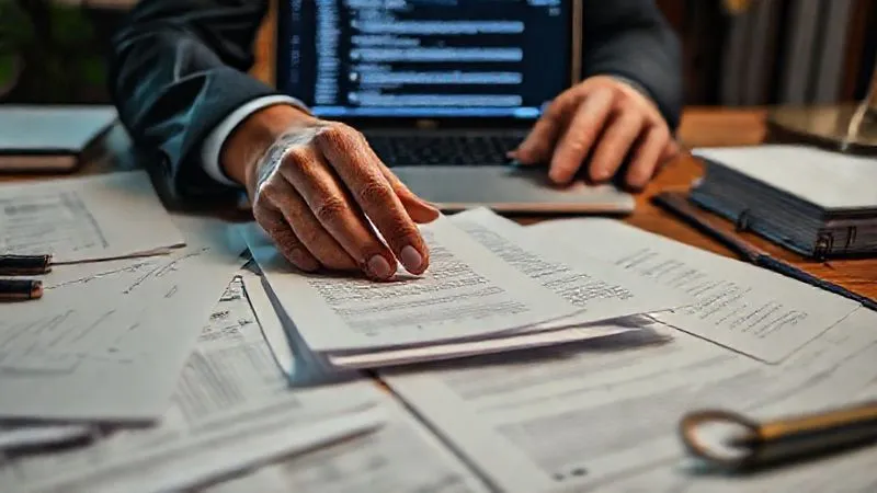A photorealistic image of a person's hands meticulously organizing physical documents, legal papers, and digital files on a desk, with a laptop displaying email threads in the background. The scene is well-lit, emphasizing organization and careful handling of information, 8K, cinematic lighting, sharp focus, depth of field, shot on a high-end DSLR.