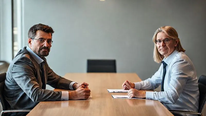 A photorealistic, professional photography, 8K, cinematic lighting, sharp focus, depth of field, shot on a high-end DSLR, depicting two individuals (one representing the employee, one the employer) sitting across a table from a neutral mediator in a modern, professional meeting room. Their expressions are serious but open to discussion, symbolizing negotiation and conflict resolution. The lighting is balanced and calm, suggesting a constructive environment.