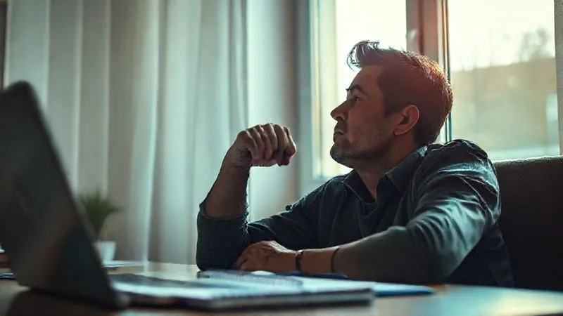 A photorealistic, professional photography, 8K, cinematic lighting, sharp focus, depth of field, shot on a high-end DSLR, showing a person thoughtfully looking out a window, perhaps in a home office setting, with a subtle sense of calm determination and resilience. The lighting is soft and warm, highlighting contemplation and strength. A laptop and legal pad are visible but slightly out of focus in the foreground, suggesting ongoing work and planning for the future.