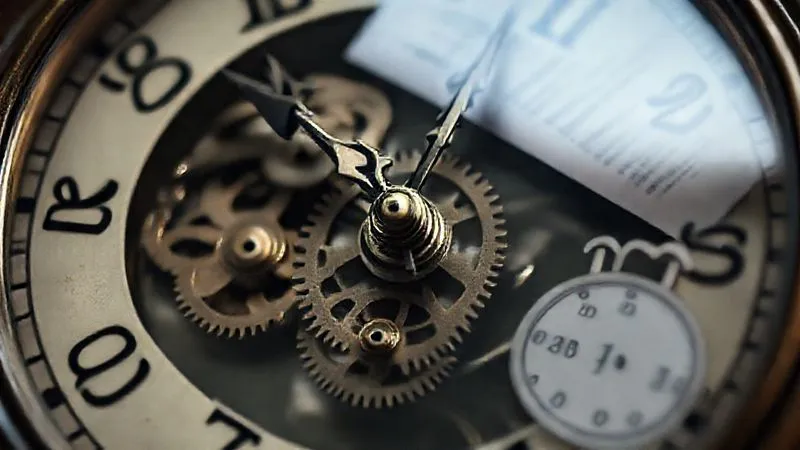 A photorealistic image of a clock face with intricate gears visible, showing time ticking away, with a subtle overlay of legal documents and a calendar, cinematic lighting, sharp focus on the clock hands, depth of field blurring the background, 8K hyper-detailed.