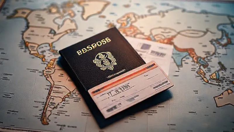 A photorealistic image of a passport and a boarding pass resting on a world map, with an expired I-94 card slightly obscured underneath, cinematic lighting, sharp focus on the travel documents, depth of field blurring the map, 8K hyper-detailed, conveying a sense of uncertainty about international travel.