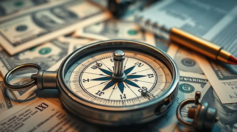 A photorealistic image of a broken compass, its needle spinning wildly and pointing in multiple directions, resting on a table filled with scattered currency and legal documents, symbolizing financial and strategic disorientation. Cinematic lighting, sharp focus on the compass, depth of field, 8K hyper-detailed, professional photography, shot on a high-end DSLR.