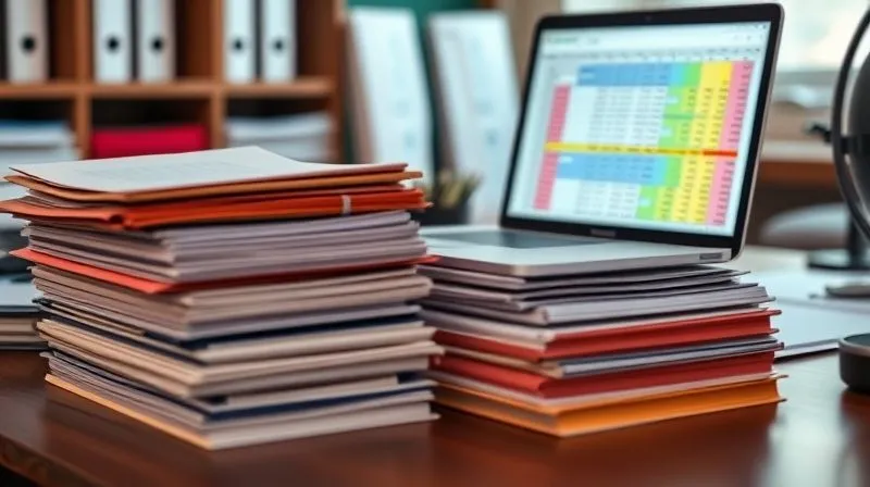 A photorealistic, professional photography, 8K, cinematic lighting, sharp focus, depth of field, shot on a high-end DSLR, depicting a highly organized desk with neatly stacked financial ledgers, color-coded files, and a laptop displaying a spreadsheet. The scene conveys meticulous attention to detail and a sense of calm order amidst complex data.
