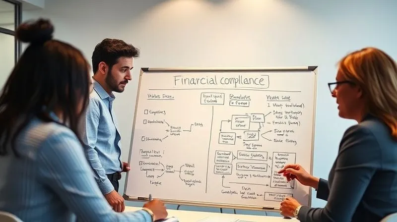 A photorealistic, professional photography, 8K, cinematic lighting, sharp focus, depth of field, shot on a high-end DSLR, depicting a diverse team of business professionals collaborating around a whiteboard, sketching out a financial compliance flowchart. The atmosphere is proactive and focused on establishing robust internal controls and ethical practices, with a sense of shared responsibility and strategic planning.