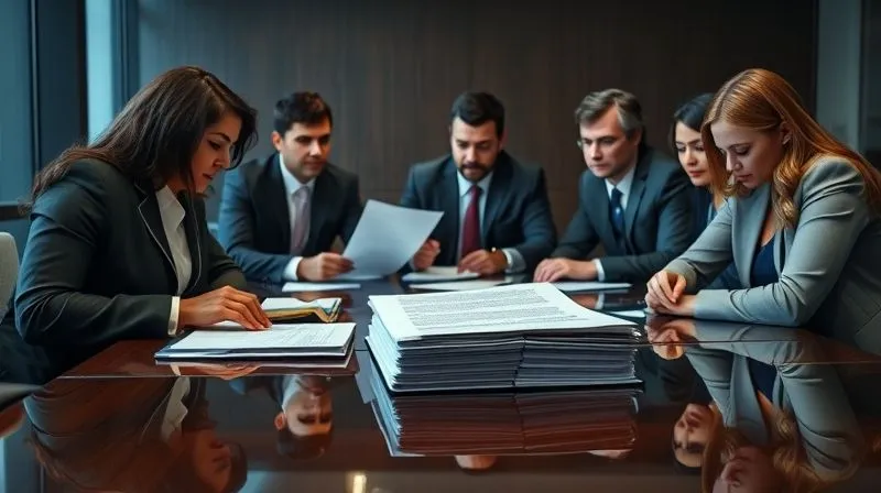 photorealistic, professional photography, 8K, cinematic lighting, sharp focus, depth of field, shot on a high-end DSLR. A diverse group of legal professionals, one a senior attorney, intently reviewing a stack of complex immigration documents on a polished conference table, with a denial letter clearly visible. The atmosphere is serious and collaborative, conveying deep analysis and strategic planning.
