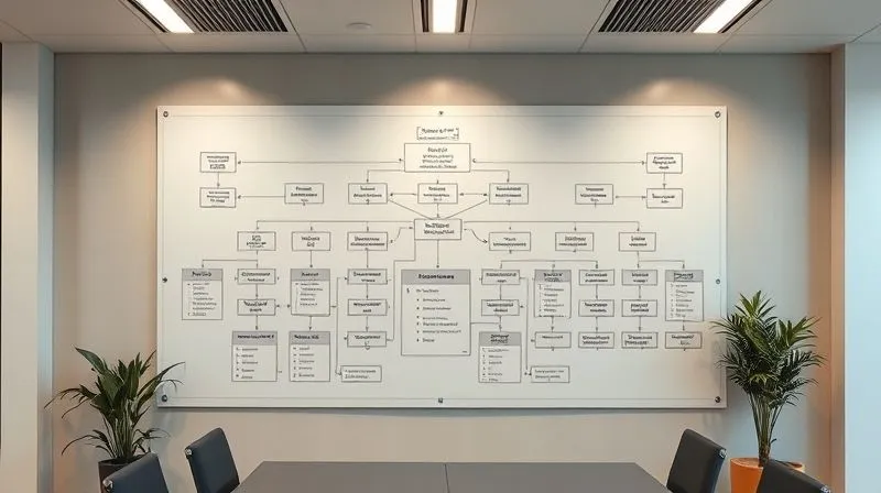 photorealistic, professional photography, 8K, cinematic lighting, sharp focus, depth of field, shot on a high-end DSLR. A meticulously detailed, large-scale organizational chart displayed on a modern office wall, with intricate lines connecting various roles and departments, highlighting a central executive position. The chart is clear and professionally designed, reflecting complex corporate structure.