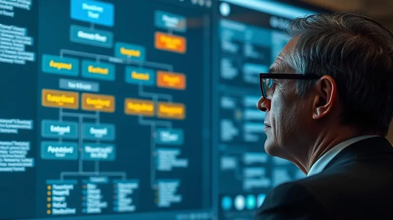 photorealistic, professional photography, 8K, cinematic lighting, sharp focus, depth of field, shot on a high-end DSLR. A professional-looking person, possibly an executive or legal expert, thoughtfully looking at a complex flowchart or decision tree on a large screen, with various paths and potential roadblocks highlighted. The lighting emphasizes the intellectual challenge and strategic thinking involved.