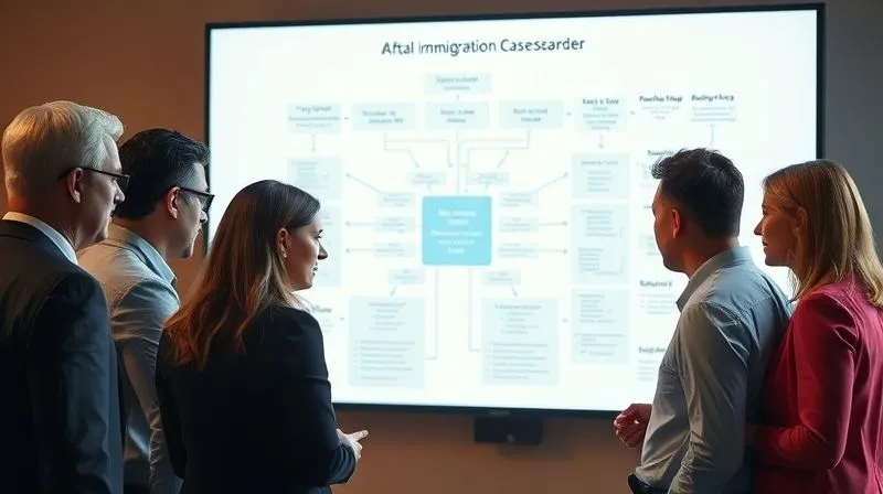 photorealistic, professional photography, 8K, cinematic lighting, sharp focus, depth of field, shot on a high-end DSLR. A diverse team of legal and business professionals huddling around a large, illuminated screen displaying a complex immigration case flowchart, with various paths and potential roadblocks highlighted. The mood is collaborative and focused, symbolizing shared problem-solving and expertise.